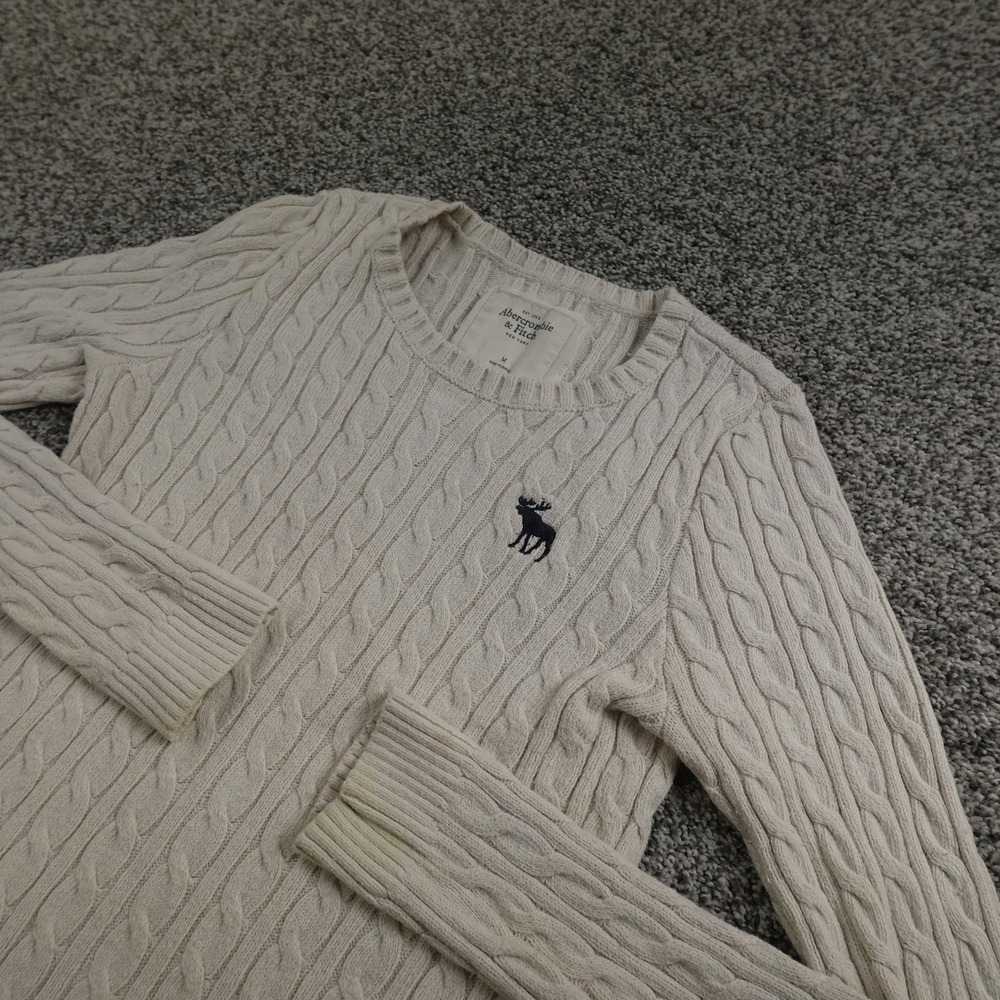 VTG‎ Abercrombie Fitch Sweater Womens M White Cable Knit Crewneck Pullover Y2K
